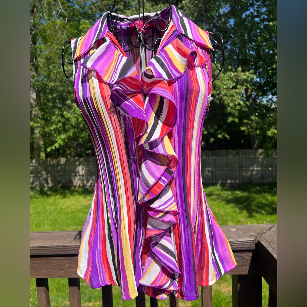 Sunny Leigh Multicolor Striped Retro Button-up M Blouse with Ruffle Accents